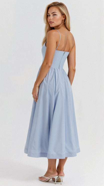 Light Blue Women's Midi Dress - Shanea, back view showing the open back and full skirt