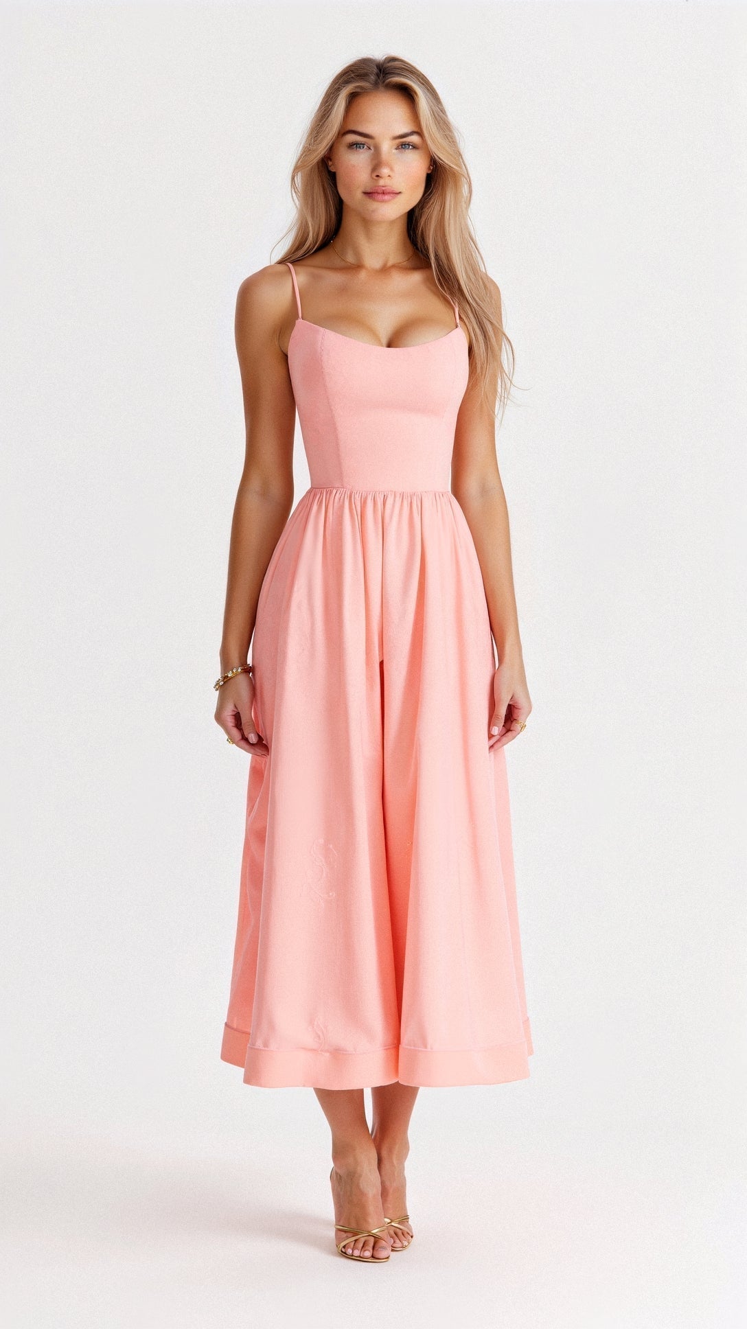 Pink Women's Midi Dress - Shanea, spaghetti strap A-line dress, full front view on model