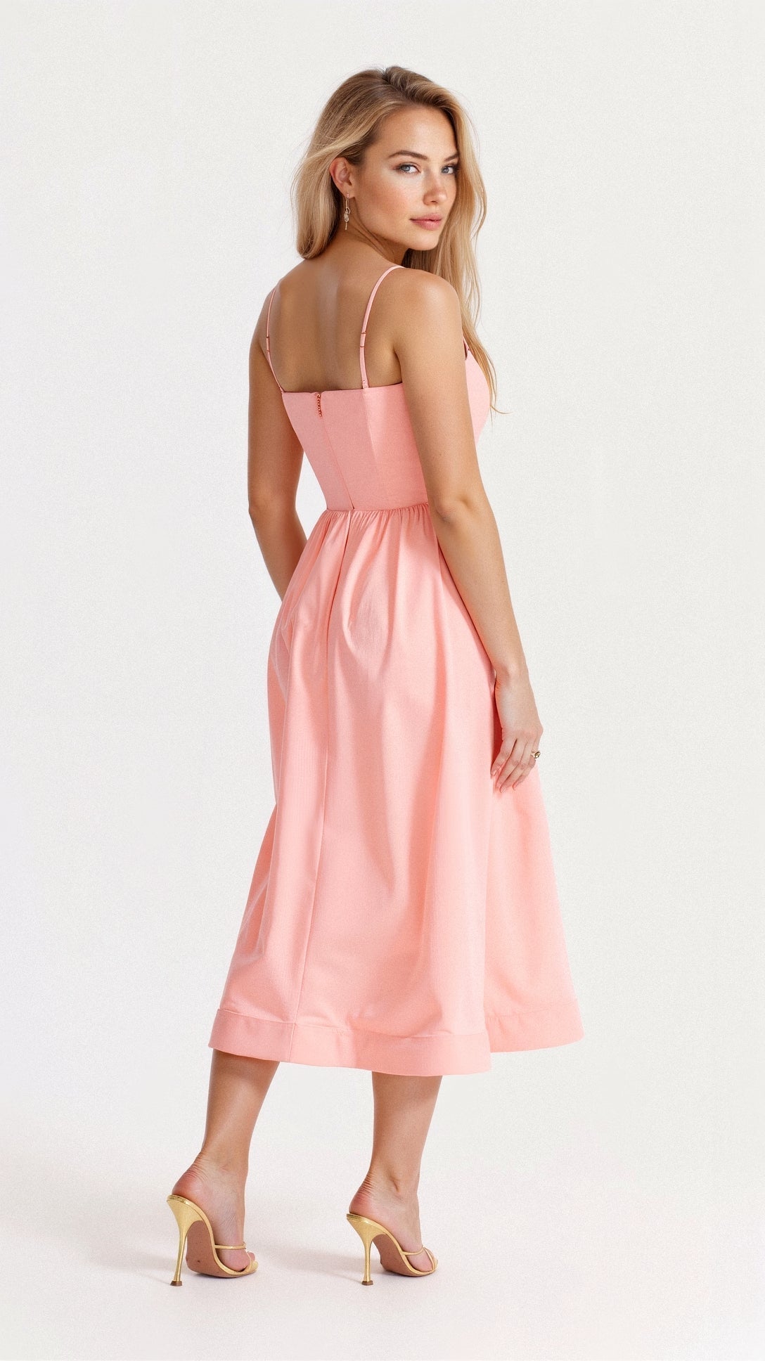 Pink Women's Midi Dress - Shanea, back view showing the open back and flowing A-line skirt