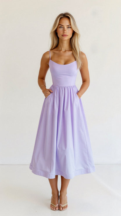 Purple lilac Women's Midi Dress - Shanea, spaghetti strap A-line dress, front view on model