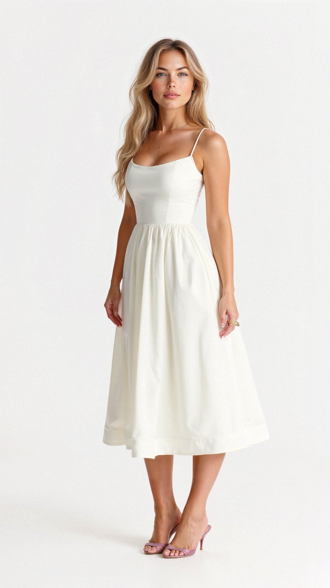 White Women's Midi Dress - Shanea, spaghetti strap A-line dress, full front view on model