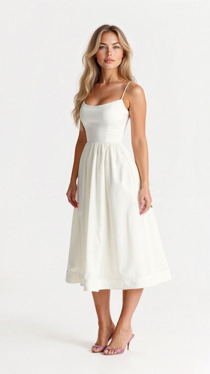 White Women's Midi Dress - Shanea, spaghetti strap A-line dress, full front view on model