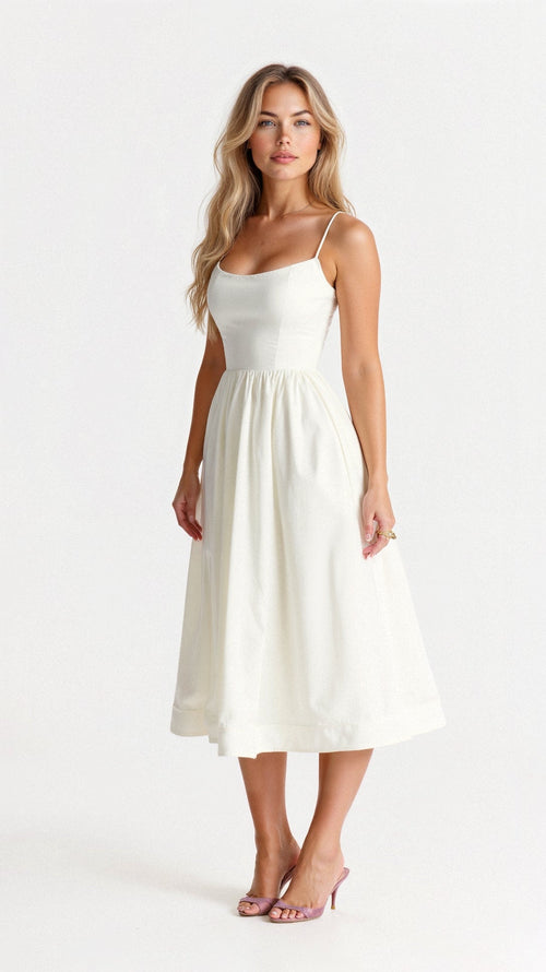 White Women's Midi Dress - Shanea, spaghetti strap A-line dress, full front view on model