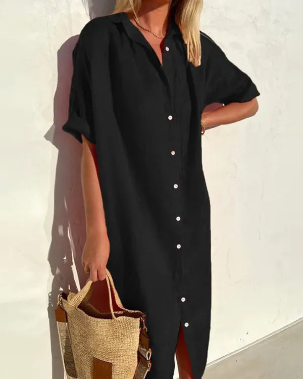 Black Women's Midi Shirt Dress - Lory, button front with rolled sleeves, front view on model