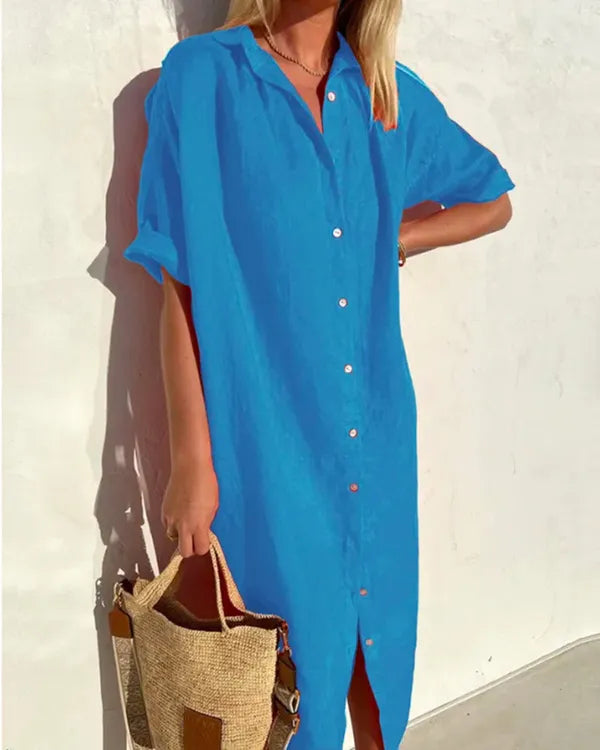 Blue Women's Midi Shirt Dress - Lory, button front with rolled sleeves, front view on model