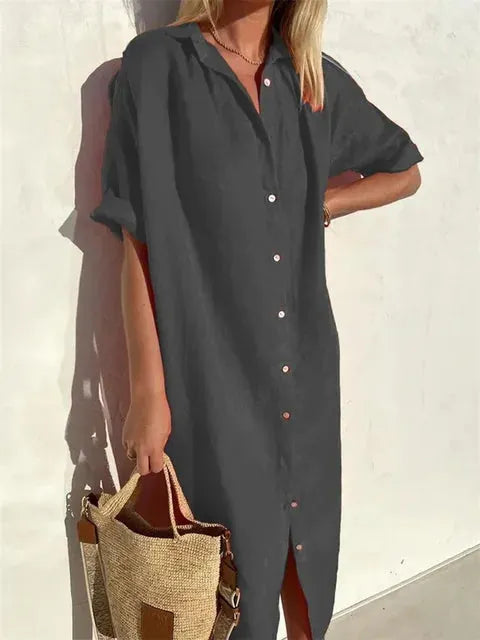 Dark Gray Women's Midi Shirt Dress - Lory, button front with rolled sleeves, front view on model