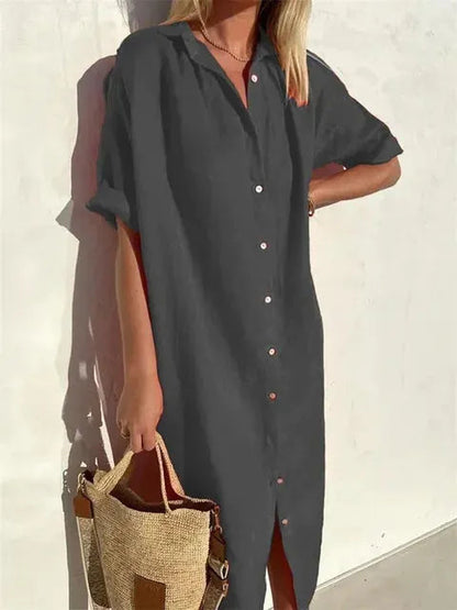 Dark Gray Women's Midi Shirt Dress - Lory, button front with rolled sleeves, front view on model