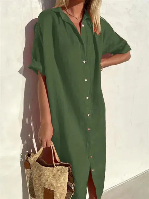 Green Women's Midi Shirt Dress - Lory, button front with rolled sleeves, front view on model