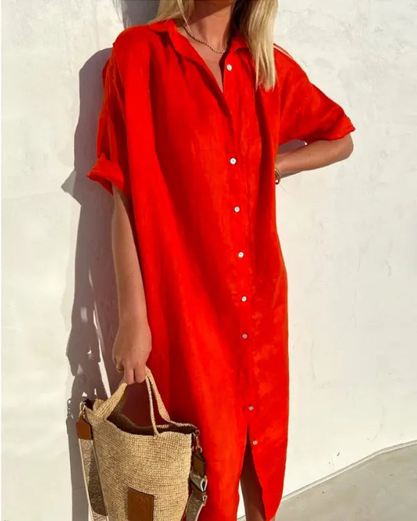 Red Women's Midi Shirt Dress - Lory, button front with rolled sleeves, front view on model