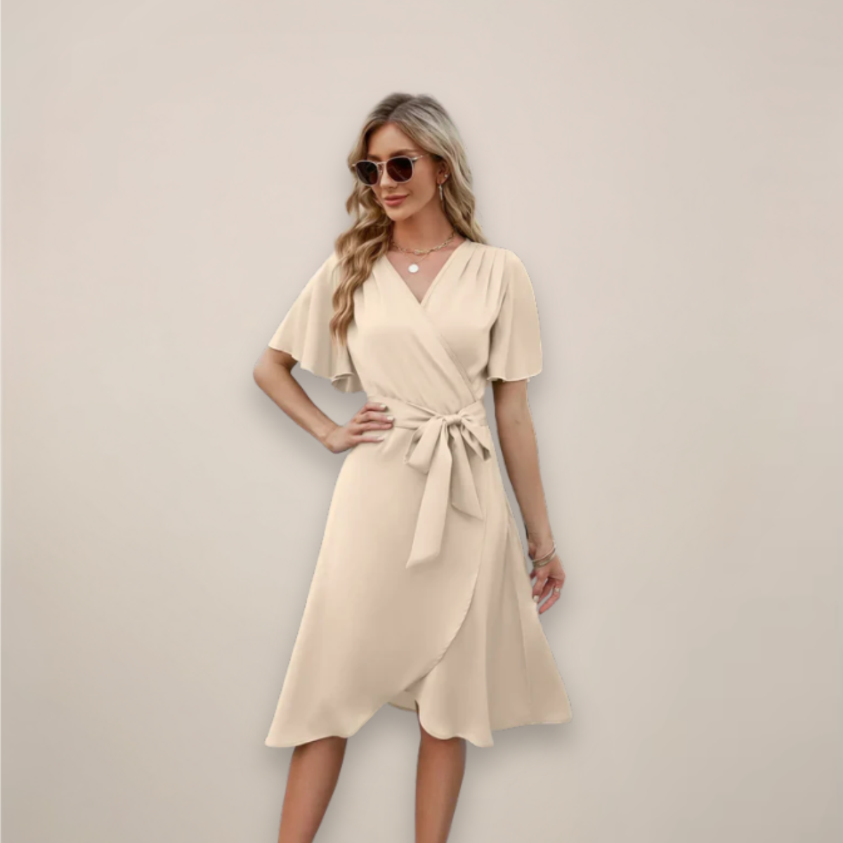 Beige Women's Midi Wrap Dress - Shuvee, V-neck with tie waist and ruffle hem, front view on model
