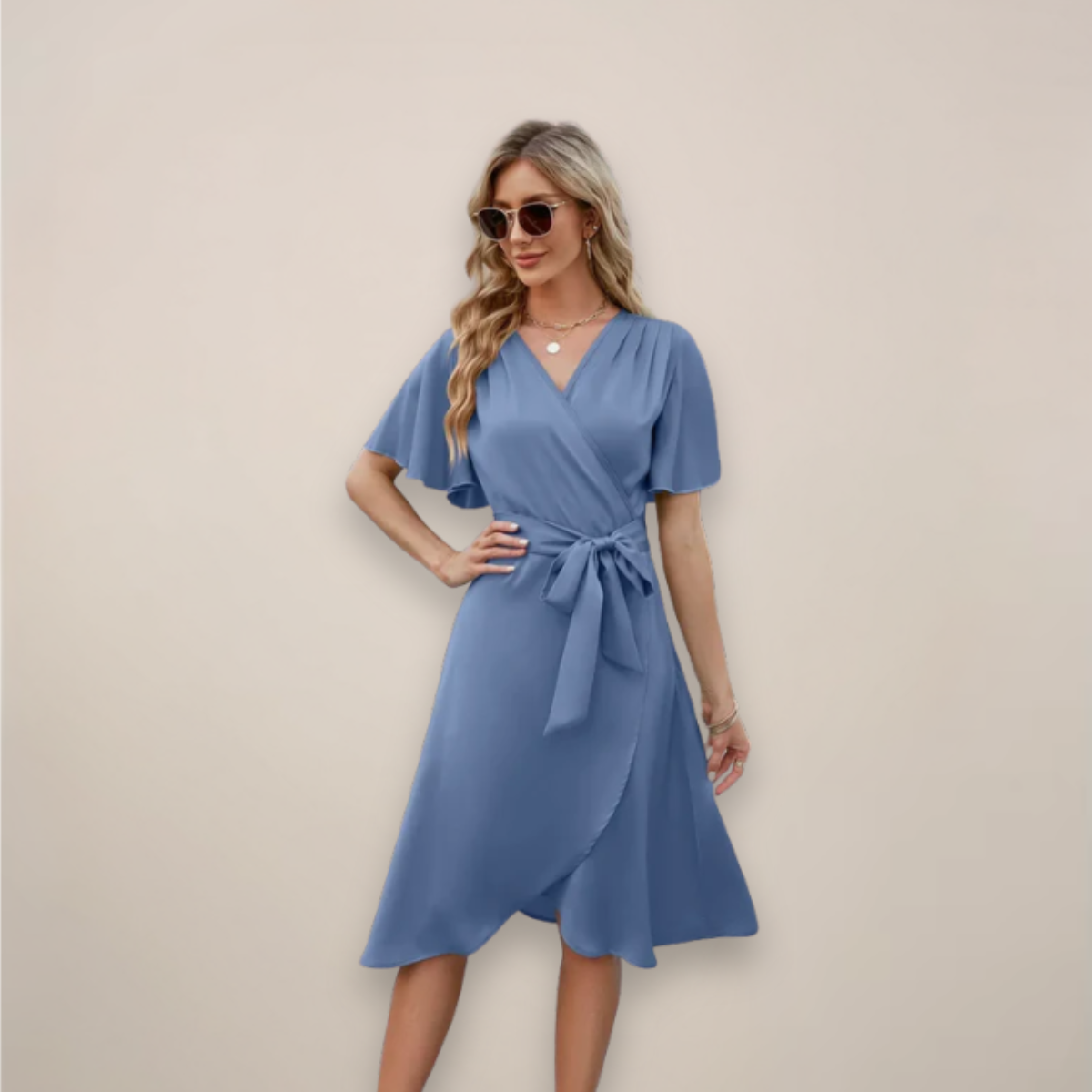 Blue Women's Midi Wrap Dress - Shuvee, V-neck with tie waist and ruffle hem, front view on model