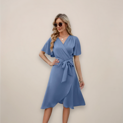 Blue Women's Midi Wrap Dress - Shuvee, V-neck with tie waist and ruffle hem, front view on model