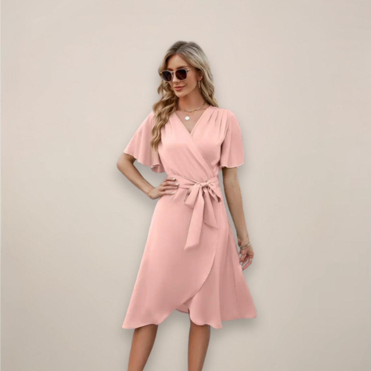 Pink Women's Midi Wrap Dress - Shuvee, V-neck with tie waist and ruffle hem, front view on model