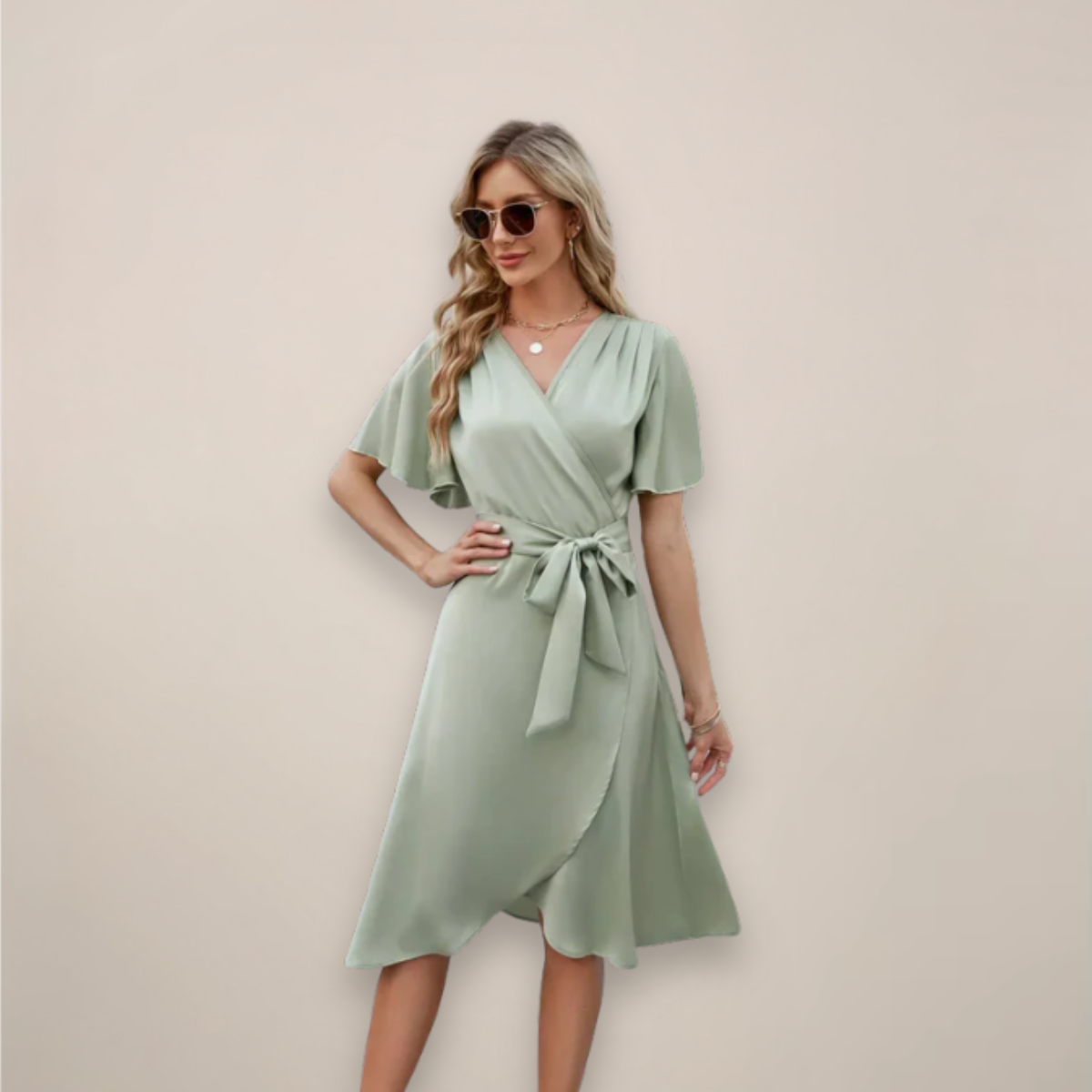 Sage Green Women's Midi Wrap Dress - Shuvee, V-neck with tie waist and ruffle hem, front view