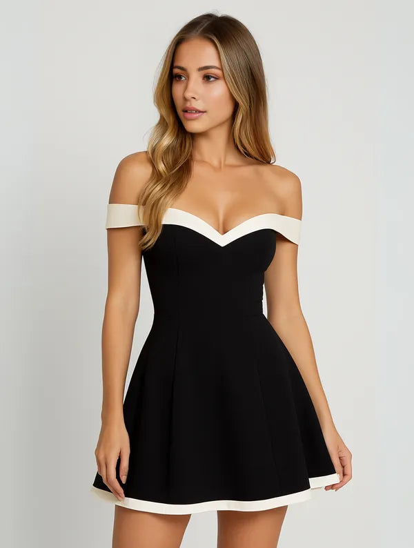 Black Off-Shoulder Contrast Mini Dress close front view of sweetheart neckline