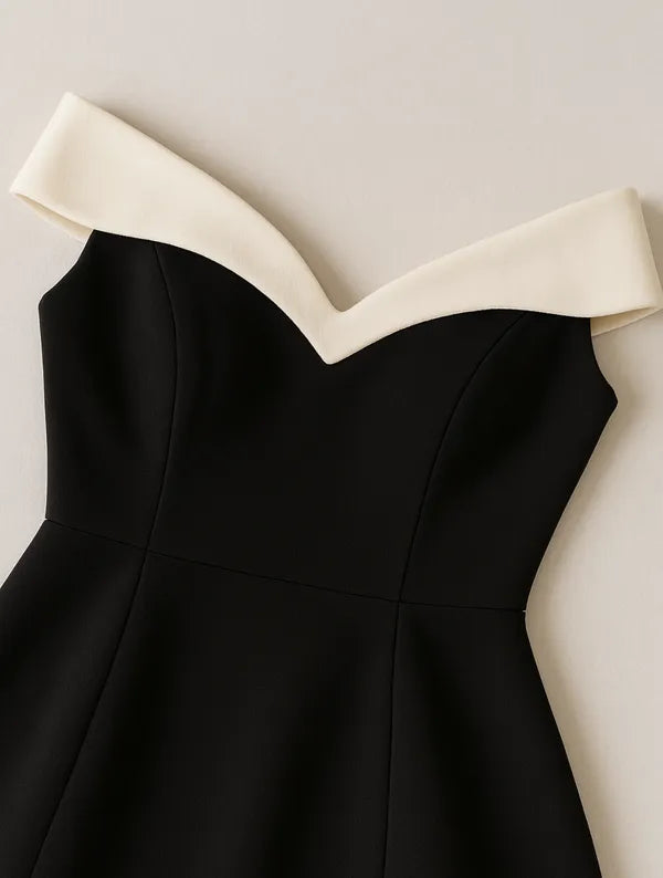 Detail of Black Off-Shoulder Contrast Mini Dress ivory bardot band and bodice seams