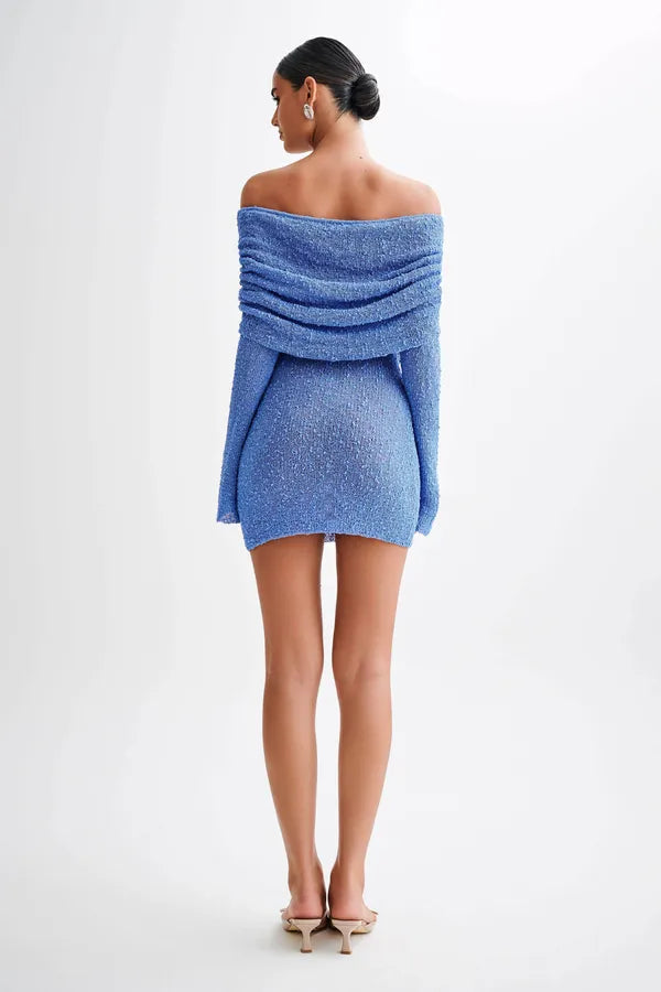 Blue Off Shoulder Knit Mini Dress full length back view on studio background