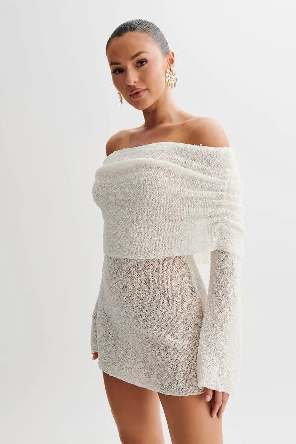 White Off Shoulder Knit Mini Dress front view with draped bardot neckline on model