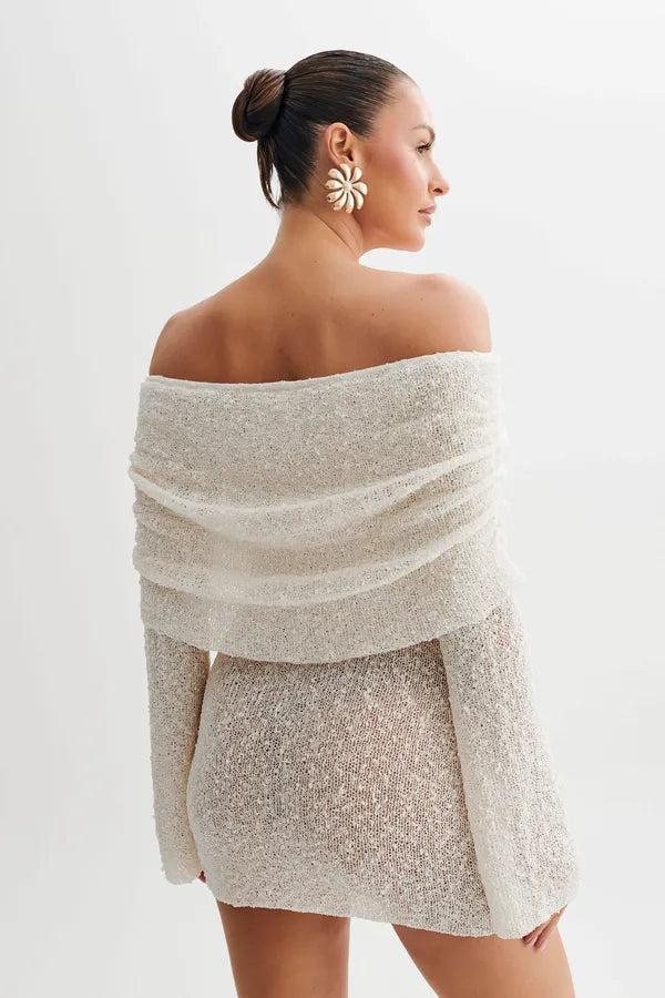 White Off Shoulder Knit Mini Dress back view showing textured knit and mini hem