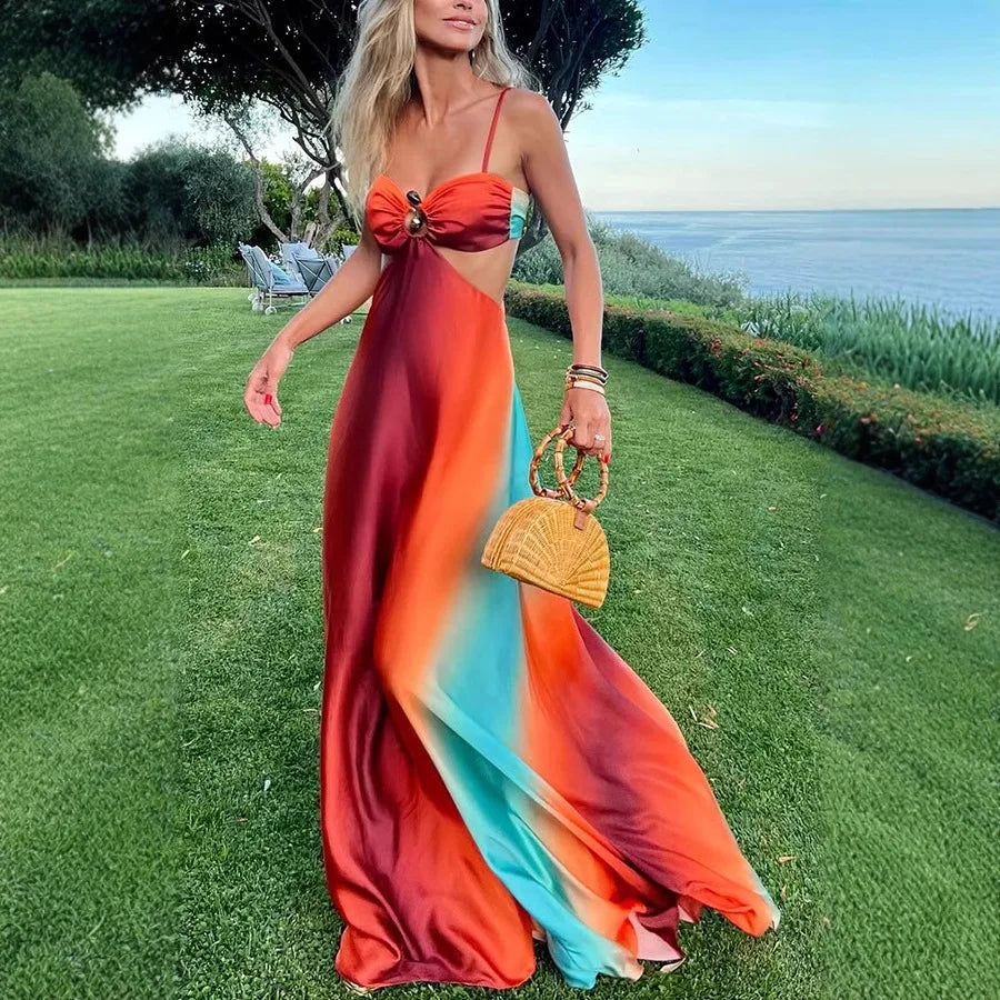 Orange Karolin ombre cut-out maxi dress, front view on model on a garden lawn