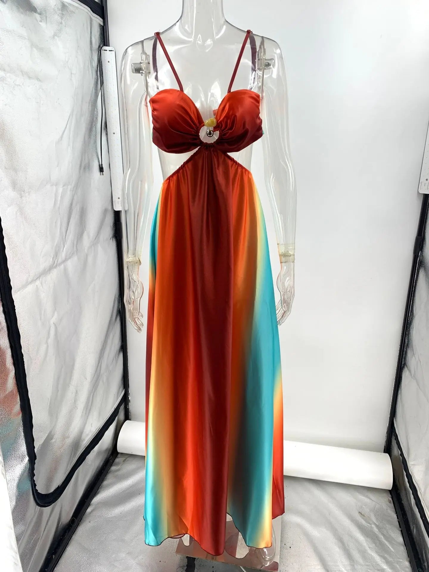 Karolin orange ombre cut-out maxi dress shown on a mannequin, full front view