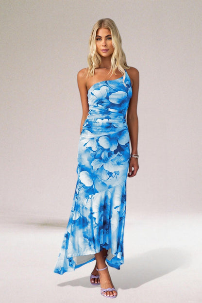 Blue Lovisa one shoulder floral maxi dress with ruffled hem, front-facing pose