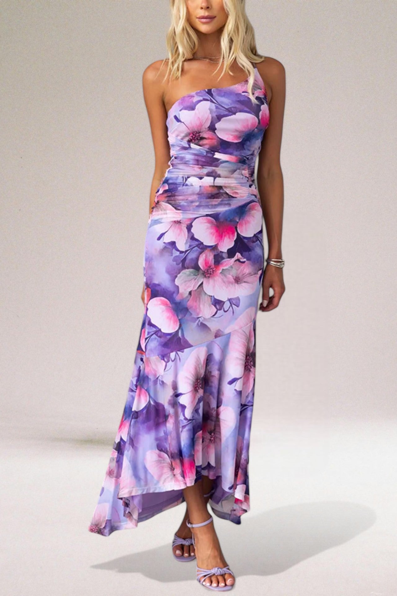 Lovisa one shoulder floral maxi dress in purple, front view with ruched bodice