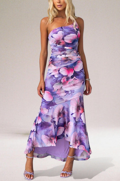 Purple floral Lovisa maxi dress, one shoulder neckline shown from the front