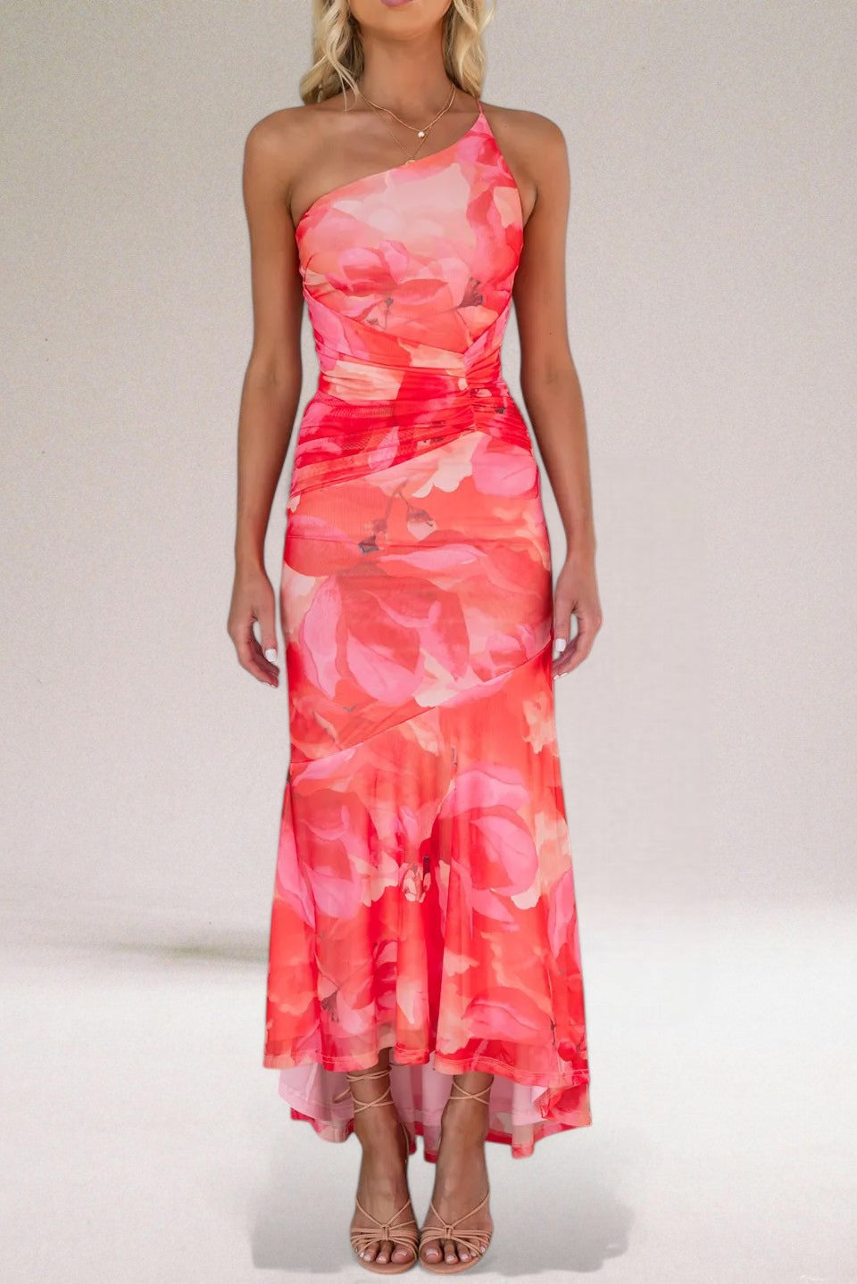 Lovisa women's one shoulder floral maxi dress in red, front view on model