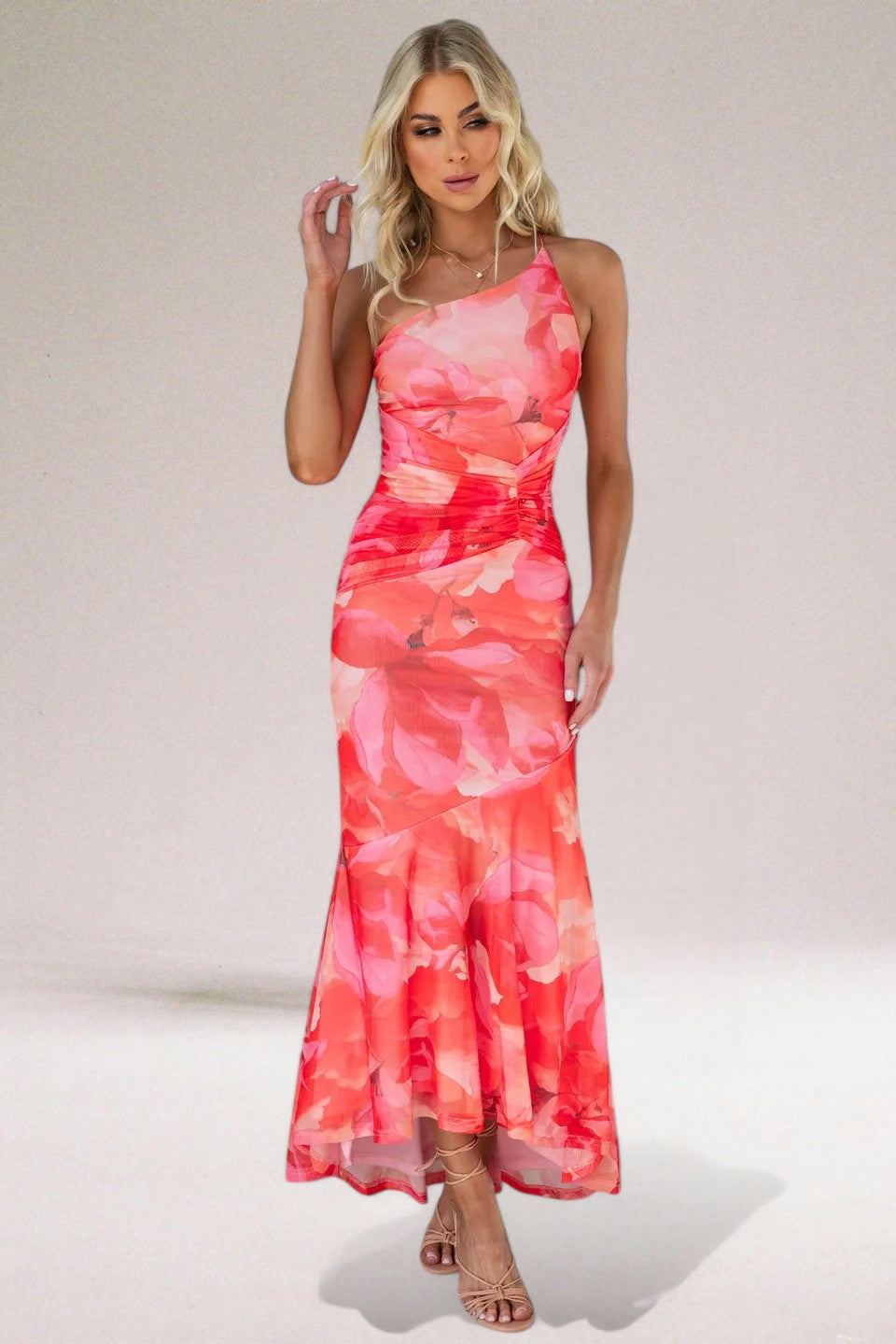 Red Lovisa one shoulder floral maxi dress, front pose showing the flared hem