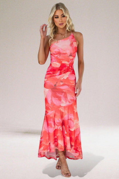 Red Lovisa one shoulder floral maxi dress, front pose showing the flared hem