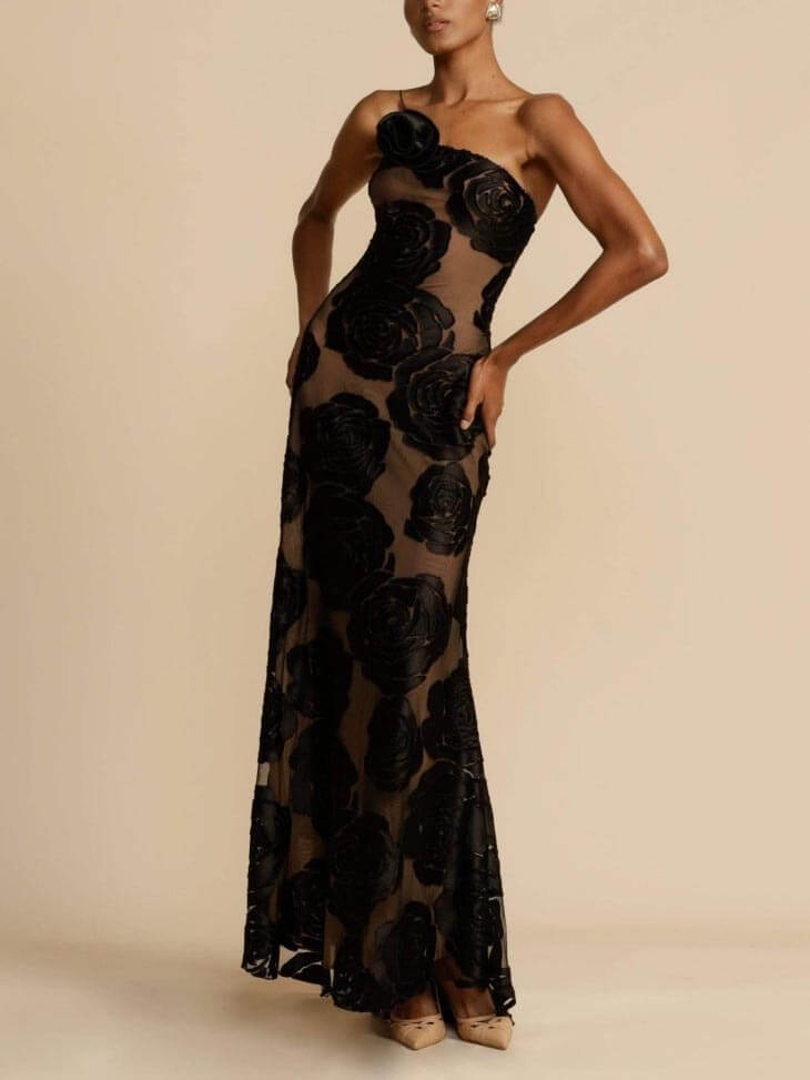 Lucrezia women's one shoulder floral maxi dress in black, studio front view