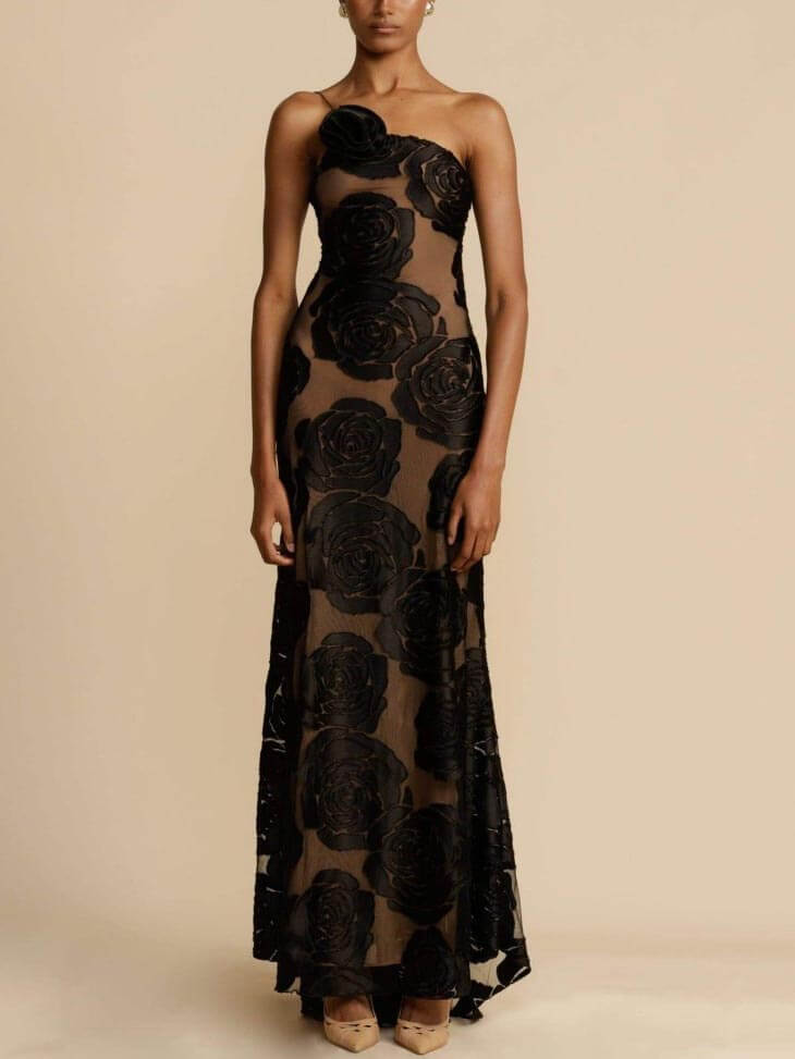 Lucrezia black sheer floral maxi dress with one shoulder detail, front on