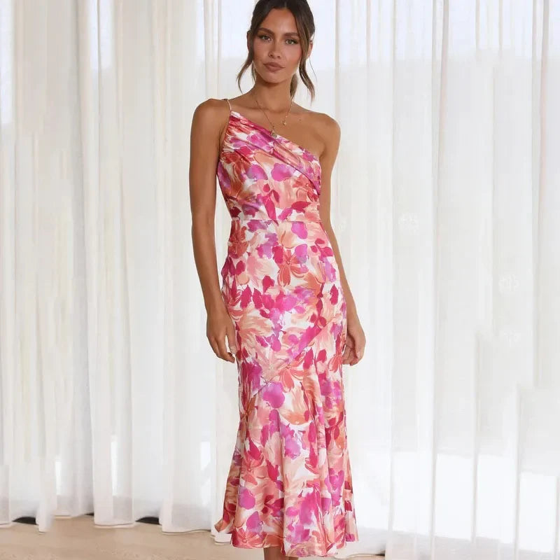 Pink Women's One-Shoulder Floral Midi Dress - Nicolette, ruffle hem, front view on model