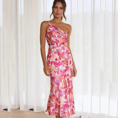 Pink Women's One-Shoulder Floral Midi Dress - Nicolette, ruffle hem, front view on model