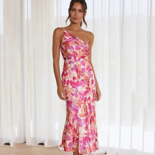 Pink Women's One-Shoulder Floral Midi Dress - Nicolette, ruffle hem, front view on model