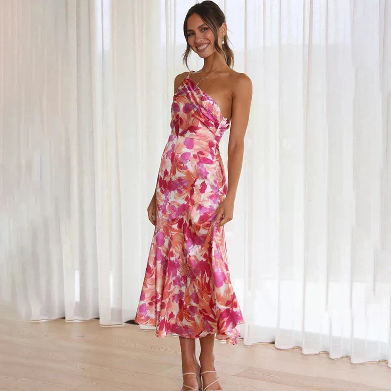 Pink Women's One-Shoulder Floral Midi Dress - Nicolette, front view showing the draped bodice