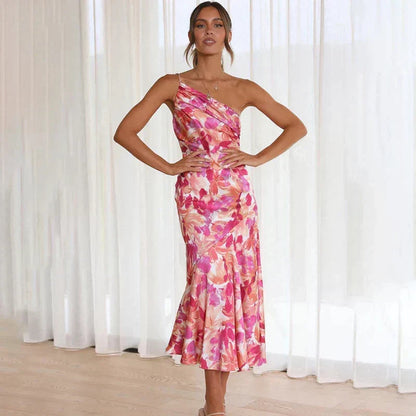 Pink Women's One-Shoulder Floral Midi Dress - Nicolette, front view of the asymmetric neckline