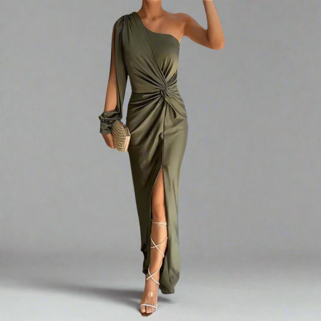 Leonora green one shoulder front slit maxi dress shown from the front
