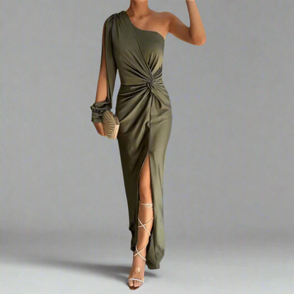 Leonora green one shoulder front slit maxi dress shown from the front