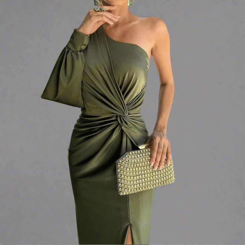Green Leonora one shoulder maxi dress with draped sleeve, three-quarter view