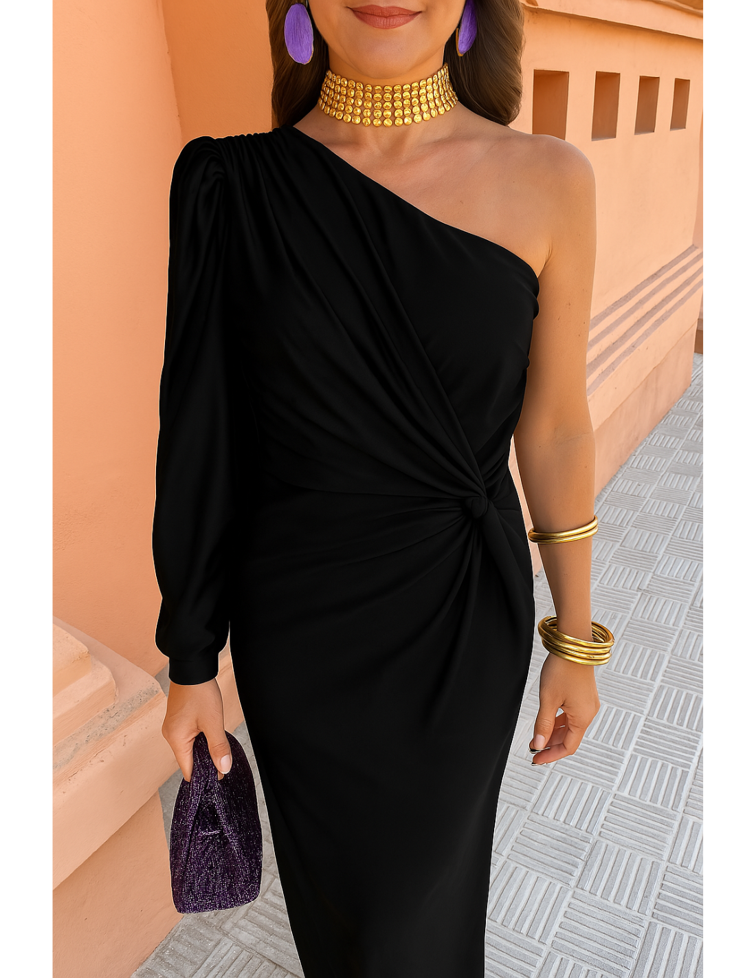 Black Women's One Shoulder Long Sleeve Midi Dress - Berenice, satin twist waist, front view