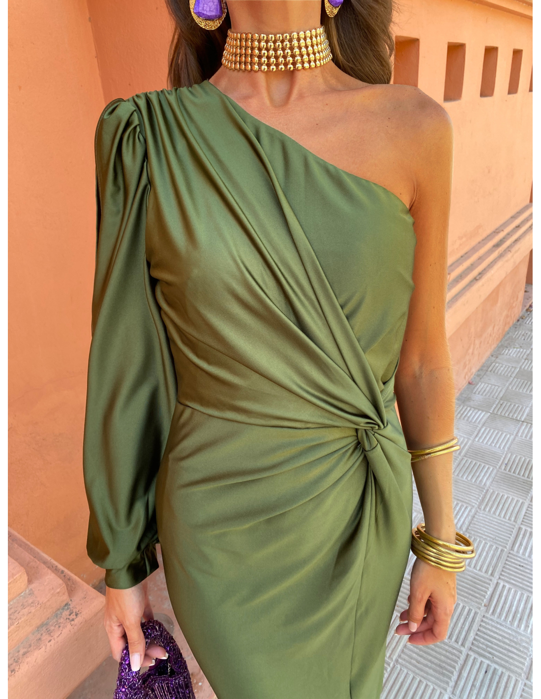 Green Women's One Shoulder Long Sleeve Midi Dress - Berenice, satin with twist waist, front view