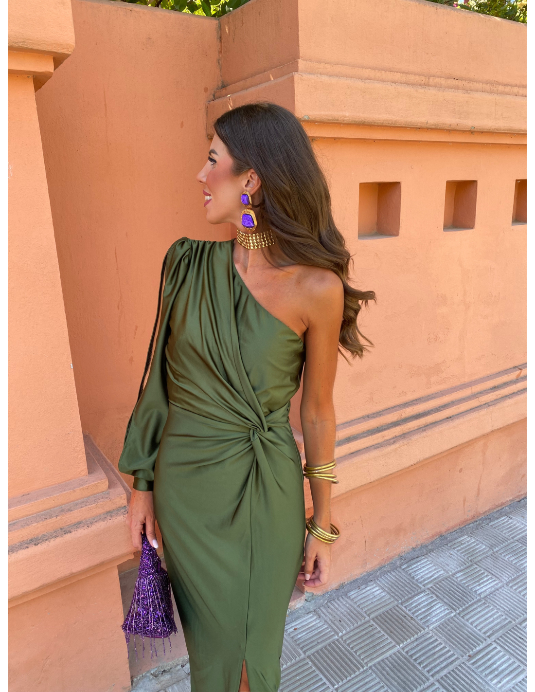 Green Women's One Shoulder Long Sleeve Midi Dress - Berenice, back view of the satin bodice