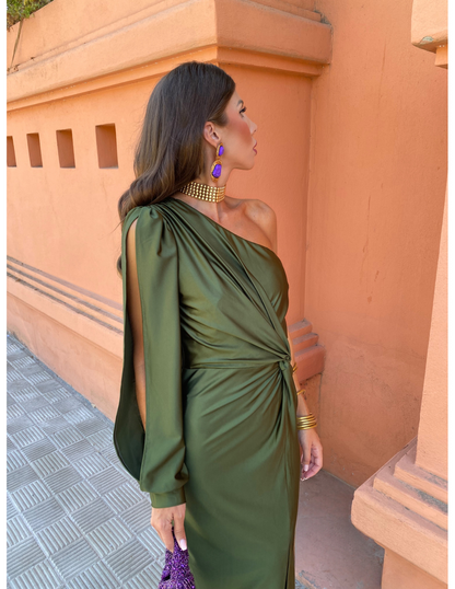 Green Women's One Shoulder Long Sleeve Midi Dress - Berenice seen from the side, twist waist detail