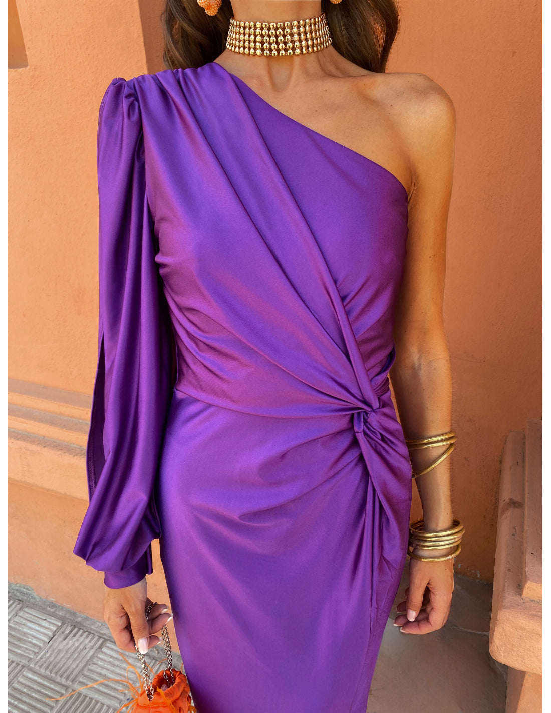 Purple Women's One Shoulder Long Sleeve Midi Dress - Berenice, satin with twist waist, front view