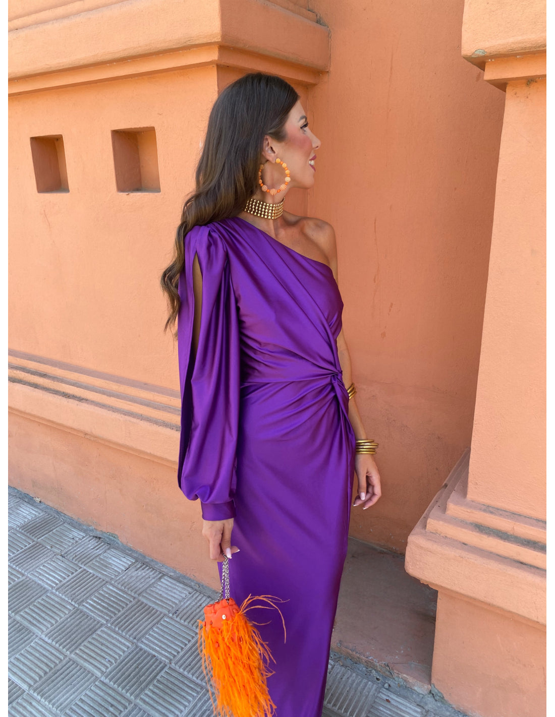 Purple Women's One Shoulder Long Sleeve Midi Dress - Berenice seen from the side on the street