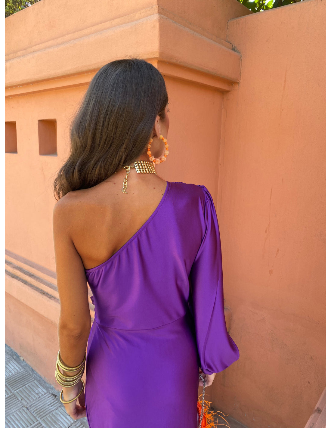 Purple Women's One Shoulder Long Sleeve Midi Dress - Berenice, back view of the bare shoulder