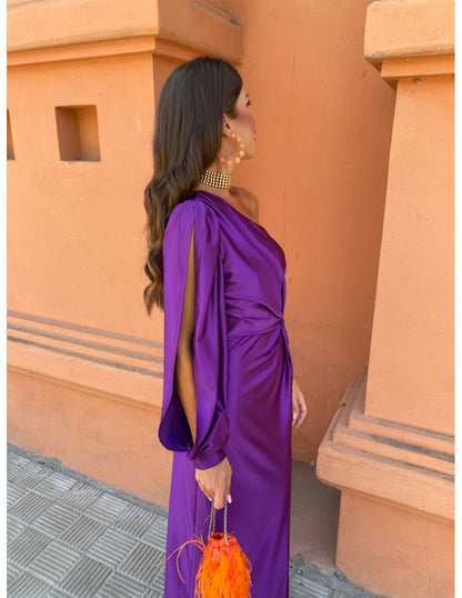 Purple Women's One Shoulder Long Sleeve Midi Dress - Berenice, side view showing the draped sleeve