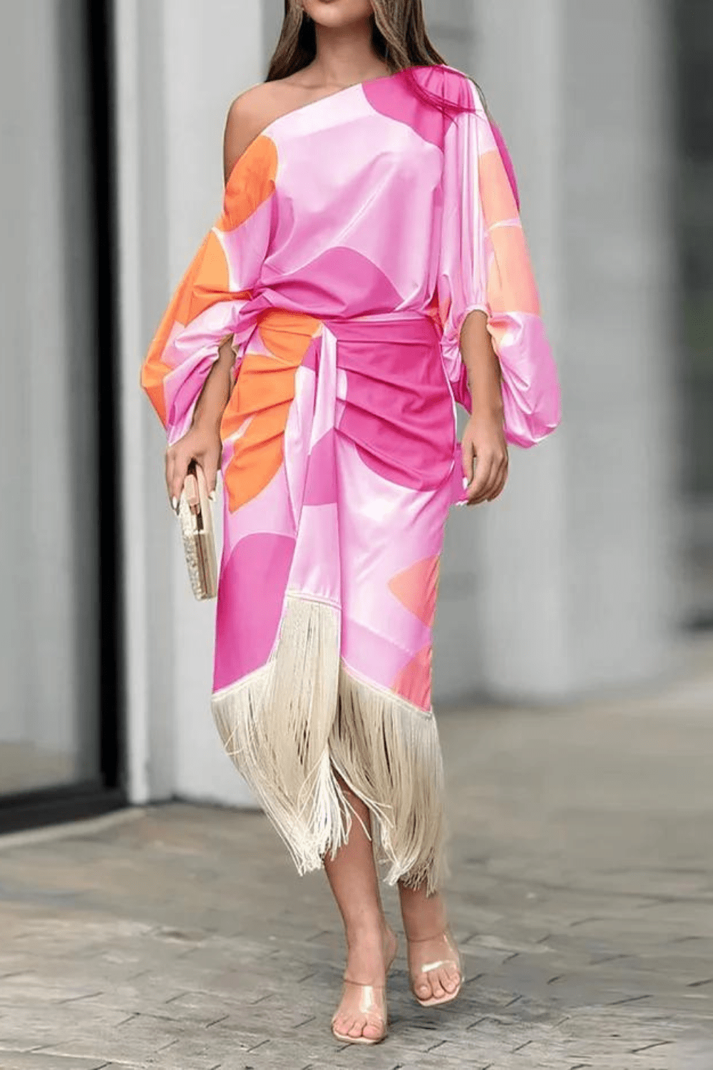 Pink Women's One Shoulder Midi Dress - Mariska, abstract print with fringe hem, front view on model